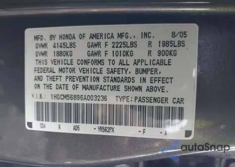 2006 Honda Accord 2.4 Ex from USA, damaged, VIN 1HGCM56896A003236